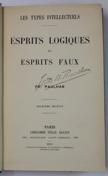 ESPRITS LOGIQUES ET ESPRITS FAUX par FR. PAULHAN , 1914