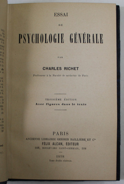 ESSAI DE PSYCHOLOGIE GENERALE par CHARLES RICHET , 1898