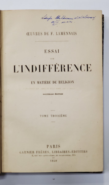 ESSAI SUR L'INDIFFERENCE EN MATIERE DE RELIGION - PARIS, 1859