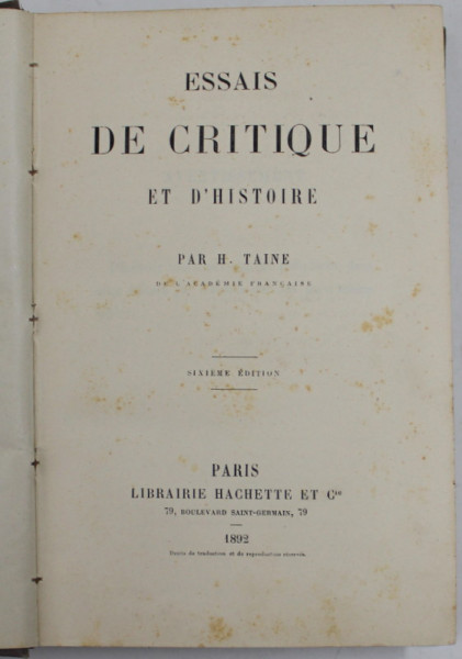 ESSAIS DE CRITIQUE ET D '  HISTOIRE par H. TAINE , 1892