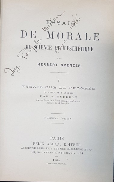 ESSAIS DE MORALE DE SCIENCE ET D'ESTHETIQUE par HERBERT SPENCER - PARIS, 1904