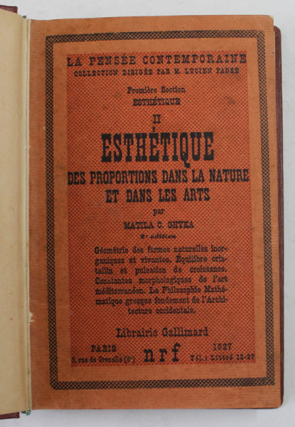 ESTHETIQUE DES PROPORTIONS DANS LA NATURE ET DANS LA ARTS par MATILA C. GHYKA , 1927