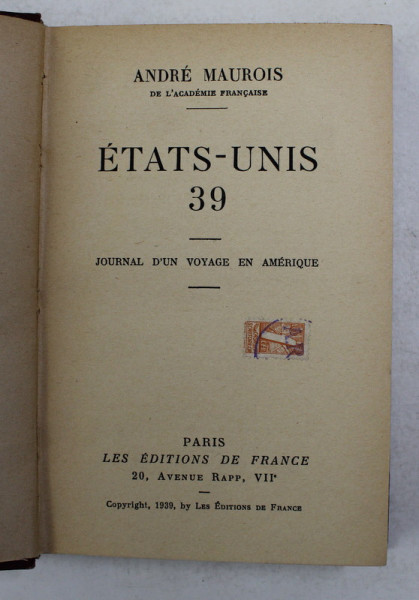 ETATS - UNITS 39 par ANDRE MAUROIS , 1939