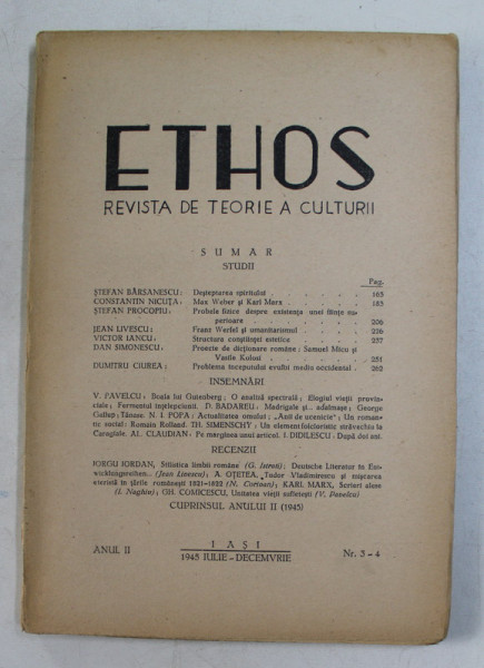 ETHOS , REVISTA DE TEORIE A CULTURII , ANUL II , NUMERELE 3 - 4 , IULIE - DECEMVRIE , 1945