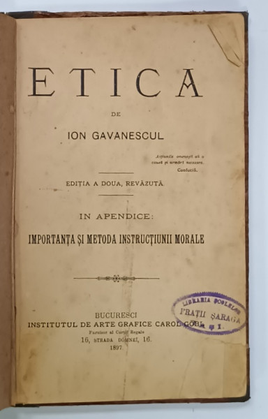 ETICA de ION GAVANESCUL , EDITIA A DOUA , 1897