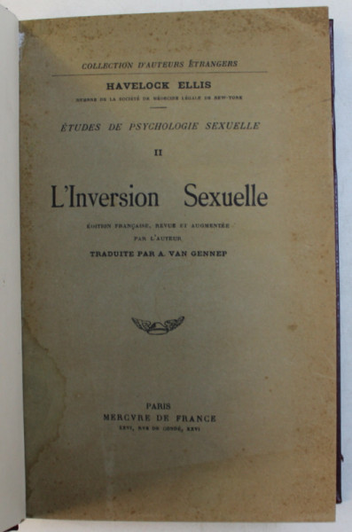 ETUDE DE PSYCHOLOGIE SEXUELLE , TOME II - L ' INVERSION SEXUELLE par HAVELOCK ELLIS , 1927