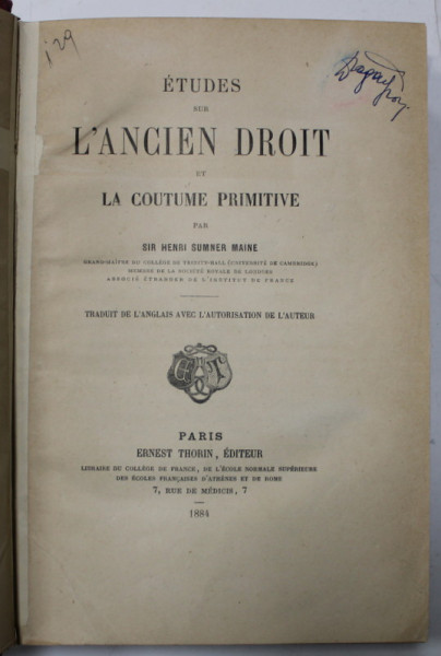 ETUDES SUR L 'ANCIEN DROIT ET LA COUTUME PRIMITIVE par SIR HENRI SUMNER MAINE , 1884