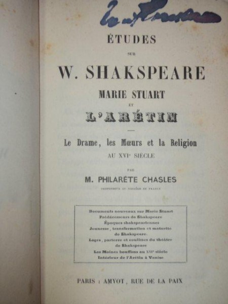 ETUDES SUR W. SHAKESPEARE . MARIE STUART ET L'ARETIN - M. PHILARETE CHASLES