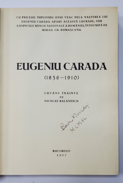 EUGENIU CARADA 1836-1910, CUVANT INAINTE de NICOLAE BALANESCU, 1937
