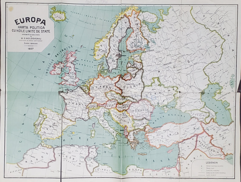 EUROPA , HARTA POLITICA CU NOILE LIMITE DE STATE , de M.D. MOLDOVEANU , 1927 , PREZINTA URME DE UZURA SI INDOIRE