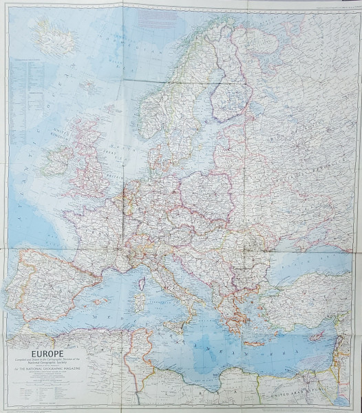 EUROPE , HARTA FIZICO - ADMINISTRATIVA , SCARA 1 : 6488.064 , DENUMIRI IN ENGLEZA , THE NATIONALGEOGRAPHIC MAGAZINE , 1969