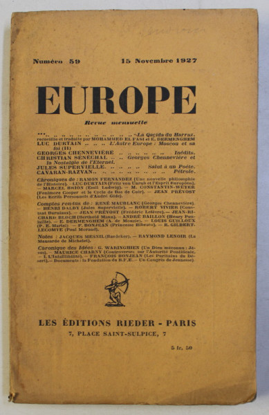 EUROPE , REVUE MENSUELLE , NUMERO 59 , 15 NOVEMBRE , 1927