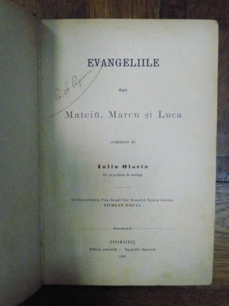 Evangheliile dupa Matei, Marcu si Luca comentate de Iuliu Olariu, Caransebes 1894