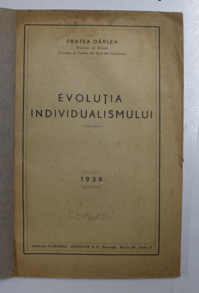 EVOLUTIA INDIVIDUALISMULUI de FRATEA DARLEA , 1939