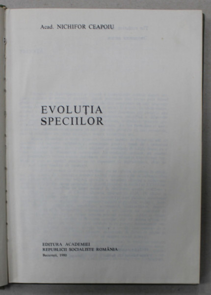 EVOLUTIA SPECIILOR de NICHIFOR CEAPOIU , 1980, DEDICATIE *