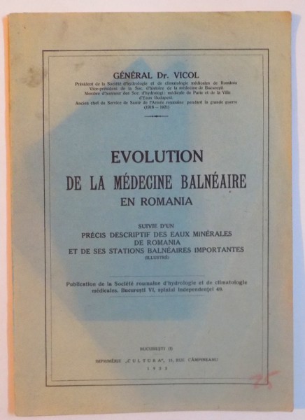 EVOLUTION DE LA MEDECINE BALNEARE EN ROMANIA , 1932