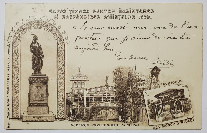 EXPOZITIA PENTRU INAINTAREA SI RASPANDIREA STIINTELOR 1903 , CARTE POSTALA ILUSTRATA CLASICA , LITOGRAFIE