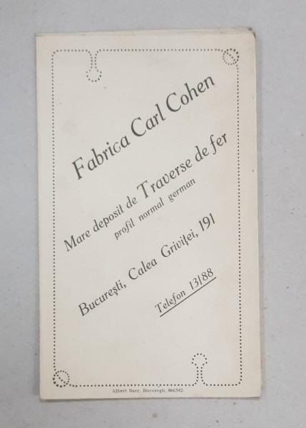 FABRICA CARL COHEN , MARE DEPOSIT DE TRAVERSE DE FIER , BUCURESTI , PLIANT DE RECLAMA , PERIOADA INTERBELICA