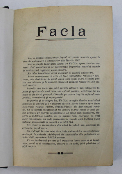 FACLA  - REVISTA , ANUL I , AN  INTREG  , COLEGAT DE 42 DE NUMERE CONSECUTIVE APARUTE INTRE MARTIE SI 25 DECEMBRIE 1910