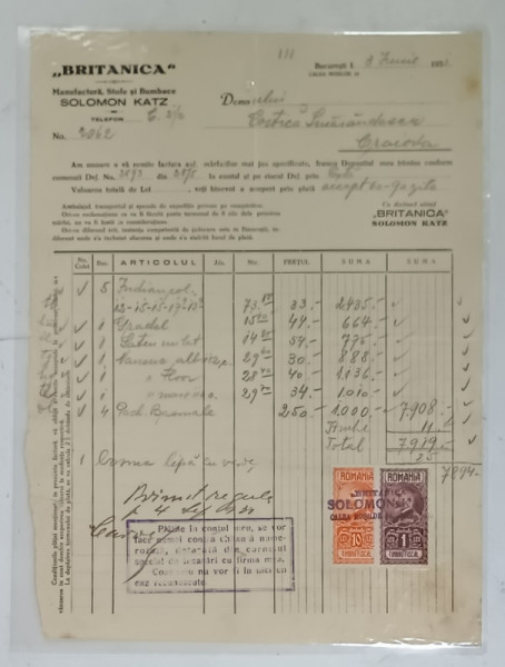 FACTURA EMISA DE FIRMA ' BRITANICA ' , MANUFACTURA , STOFE SI BUMBACE SOLOMON KATZ , BUCURESTI , 1931