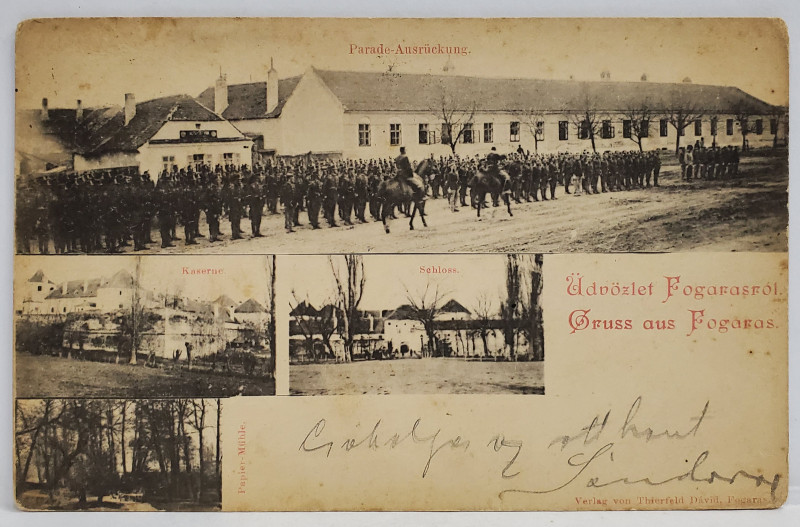 FAGARAS , PARADA MILITARA , CAZARMA , CASTELUL , MOARA DE HARTIE , CARTE POSTALA ILUSTRATA , MONTAJ CU PATRU FOTOGRAFII , CLASICA