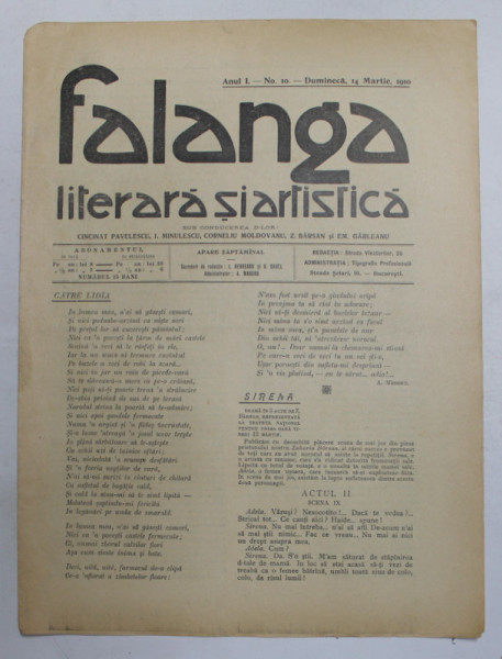 FALANGA LITERARA SI ARTISTICA , ZIAR SAPTAMANAL , ANUL I, NR. 10 , DUMINICA  14 MARTIE , 1910