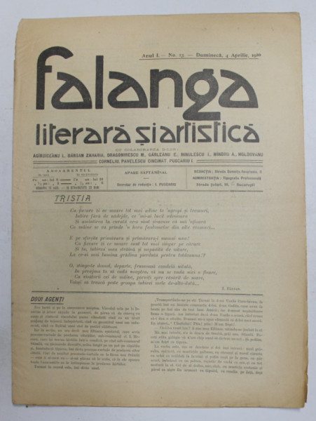 FALANGA LITERARA SI ARTISTICA , ZIAR SAPTAMANAL , ANUL I, NR. 13 , DUMINICA  4 APRILIE  , 1910
