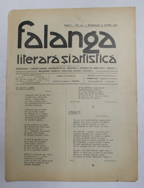 FALANGA LITERARA SI ARTISTICA , ZIAR SAPTAMANAL , ANUL I, NR. 14  , DUMINICA  11 APRILIE  , 1910