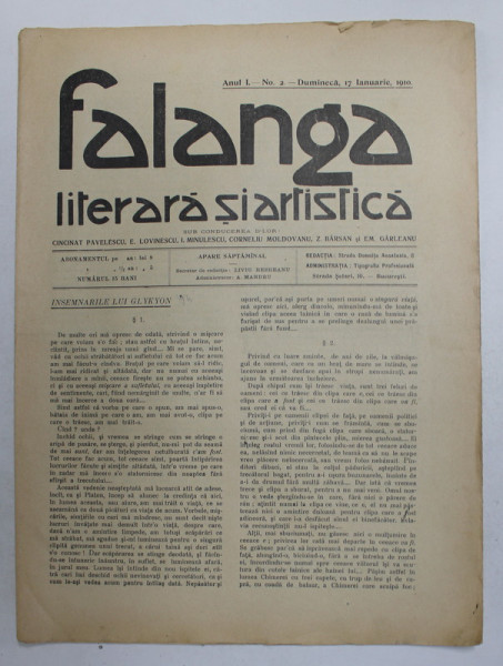 FALANGA LITERARA SI ARTISTICA , ZIAR SAPTAMANAL , ANUL I, NR. 2 , DUMINICA 17 IANUARIE , 1910