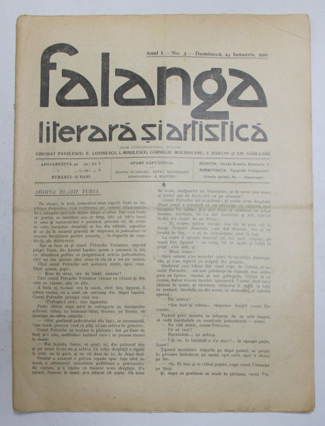 FALANGA LITERARA SI ARTISTICA , ZIAR SAPTAMANAL , ANUL I, NR. 3 , DUMINICA  24 IANUARIE , 1910