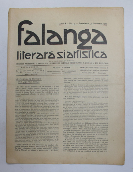 FALANGA LITERARA SI ARTISTICA , ZIAR SAPTAMANAL , ANUL I, NR. 4 , DUMINICA 31 IANUARIE , 1910