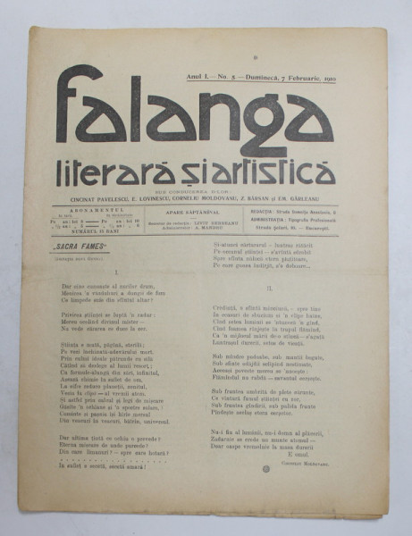 FALANGA LITERARA SI ARTISTICA , ZIAR SAPTAMANAL , ANUL I, NR. 5 , DUMINICA  7 FEBRUARIE  , 1910