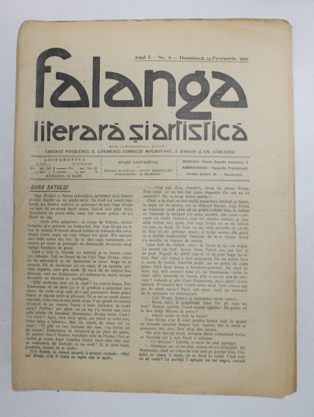 FALANGA LITERARA SI ARTISTICA , ZIAR SAPTAMANAL , ANUL I, NR. 6 , DUMINICA  14 FEBRUARIE  , 1910
