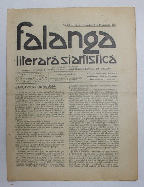 FALANGA LITERARA SI ARTISTICA , ZIAR SAPTAMANAL , ANUL I, NR. 7 , DUMINICA  21 FEBRUARIE  , 1910