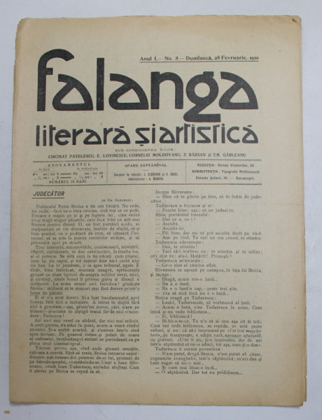 FALANGA LITERARA SI ARTISTICA , ZIAR SAPTAMANAL , ANUL I, NR. 8, DUMINICA  28  FEBRUARIE  , 1910