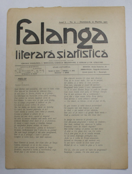 FALANGA LITERARA SI ARTISTICA , ZIAR SAPTAMANAL , ANUL I, NR.11 , DUMINICA  21 MARTIE  , 1910