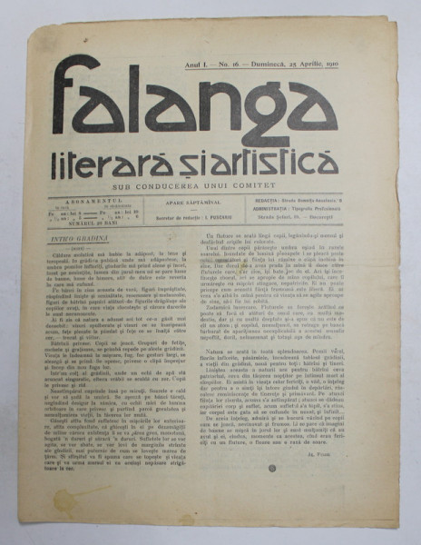 FALANGA LITERARA SI ARTISTICA , ZIAR SAPTAMANAL , ANUL I, NR.16 , DUMINICA  25 APRILIE , 1910