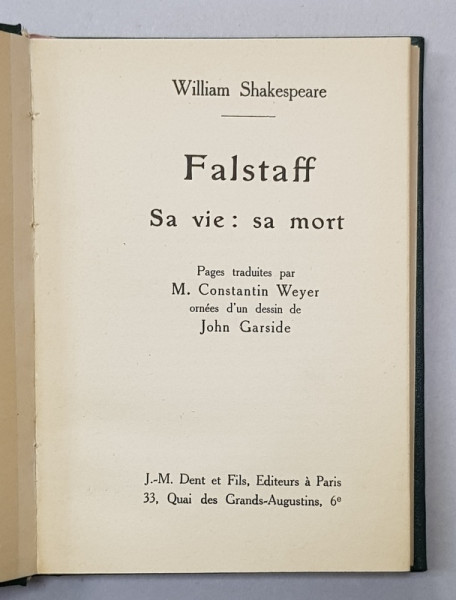 FALSTAF - SA VIE - SA MORT par WILLIAM SHAKESPEARE , 1924