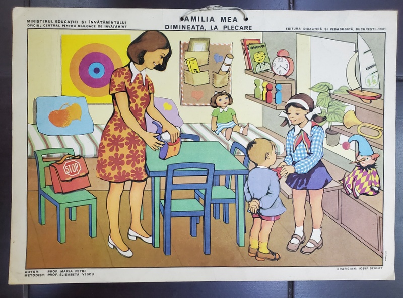 FAMILIA MEA - DIMINEATA , LA PLECARE , grafica de IOSIF SZALAY , PLANSA DIDACTICA NR. 29 , 1981