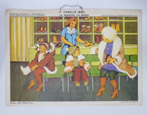 FAMILIA MEA , LA MAGAZIN CU MAMA , grafica de IOSIF SZALAY , PLANSA DIDACTICA NR. 115,  1981