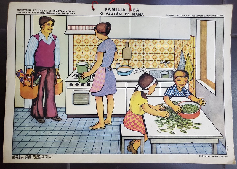 FAMILIA MEA - O AJUTAM PE  MAMA  , grafica de IOSIF SZALAY , PLANSA DIDACTICA NR. 28 , 1981