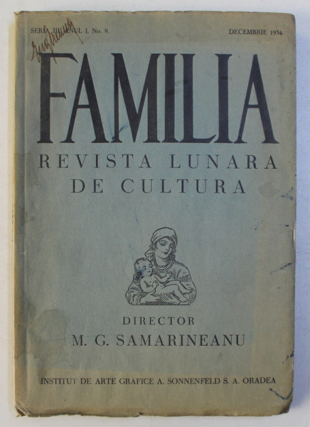 FAMILIA - REVISTA LUNARA DE CULTURA , SERIA III , ANUL I , NO . 8 , DECEMBRIE , 1934