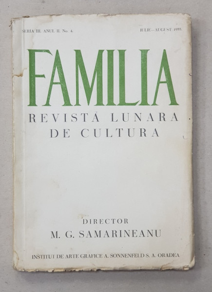 FAMILIA - REVISTA LUNARA DE CULTURA , SERIA III , ANUL II , NO. 4 , IULIE - AUGUST 1935