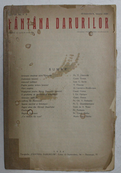 FANTANA DARURILOR  - REVISTA DE CULTURA CRESTINA , ANUL VIII , NO. 8-9 , OCTOMBRIE - NOIEMBRIE , 1936