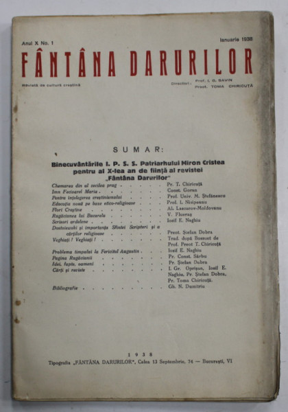 FANTANA DARURILOR , REVISTA DE CULTURA CRESTINA , no. 1 , 1938