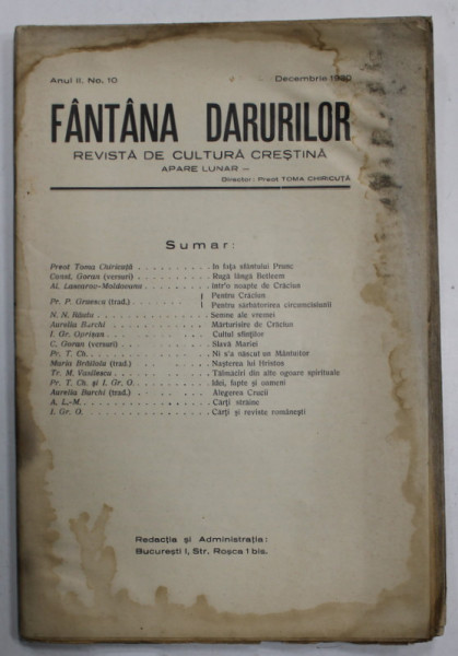 FANTANA DARURILOR , REVISTA DE CULTURA CRESTINA , no. 10 , 1930