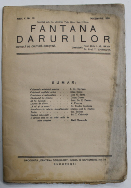 FANTANA DARURILOR , REVISTA DE CULTURA CRESTINA , no. 10 , 1938