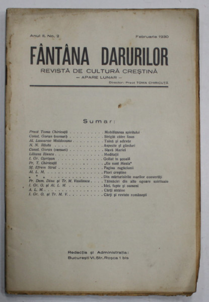 FANTANA DARURILOR , REVISTA DE CULTURA CRESTINA , no. 2 , 1930