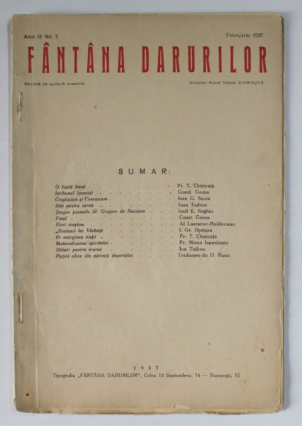FANTANA DARURILOR , REVISTA DE CULTURA CRESTINA , NO. 2 , FEBRUARIE , 1937