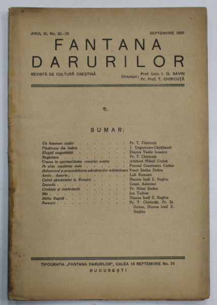 FANTANA DARURILOR , REVISTA DE CULTURA CRESTINA , no. 22-25 , 1939